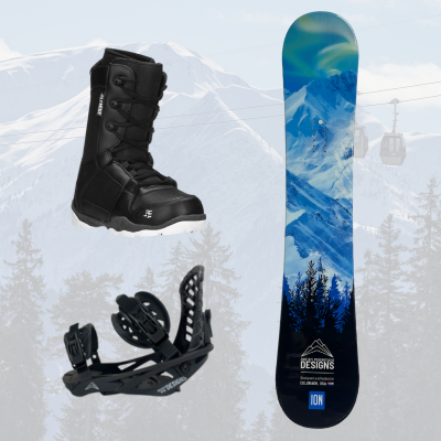 Affordable Adult Standard Snowboard Season Rental Package with board, bindings, and boots Colorado Springs