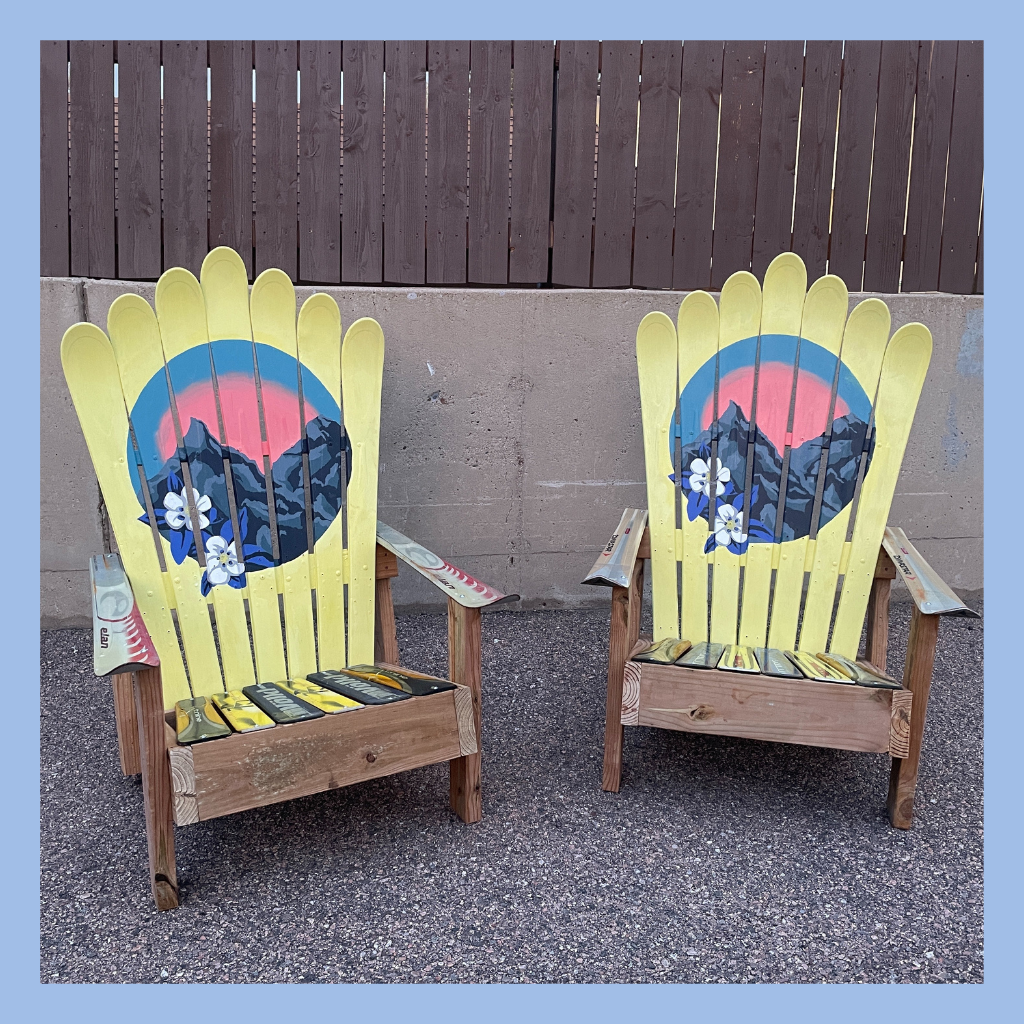 Handmade Adirondack Recycled and Upcycled Ski Chairs, Custom Designs Available Columbine Flower